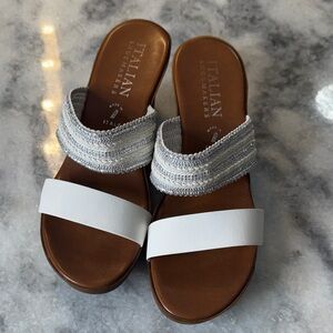 Italian Shoemakers White & Silver Sandals strappy bling wedge sandals 10 #6216